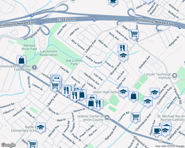 map of restaurants, bars, coffee shops, grocery stores, and more near 2550 Linn Avenue in Union