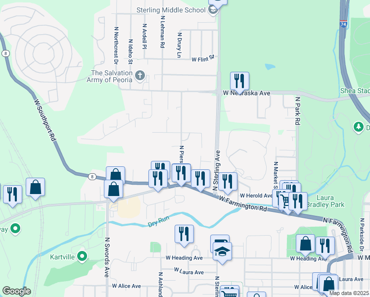 map of restaurants, bars, coffee shops, grocery stores, and more near 1522 North Pierson Avenue in West Peoria