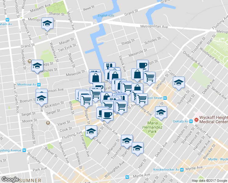 map of restaurants, bars, coffee shops, grocery stores, and more near 97 Harrison Place in Brooklyn