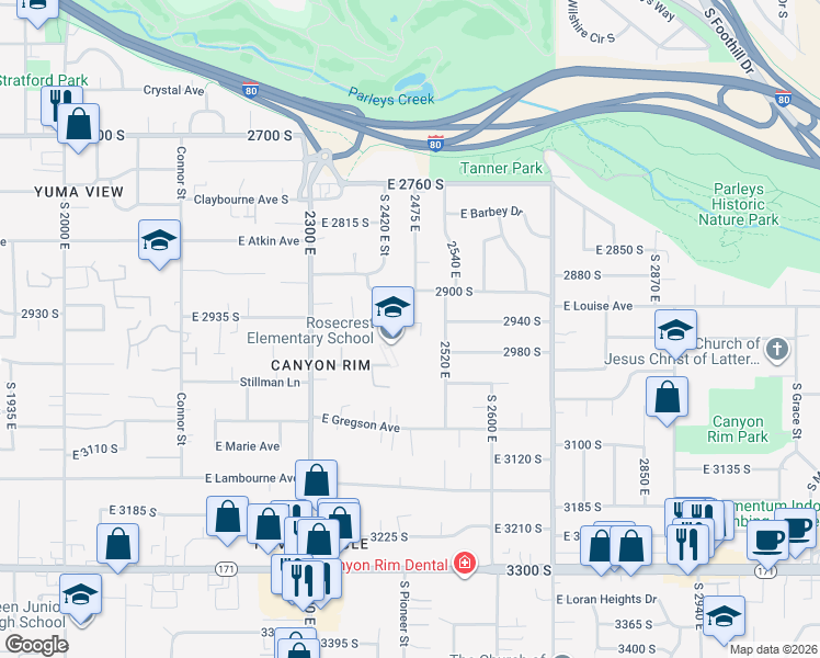 map of restaurants, bars, coffee shops, grocery stores, and more near 2470 East 2935 South in Salt Lake City