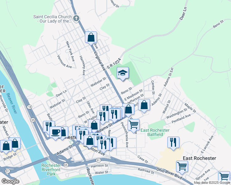 map of restaurants, bars, coffee shops, grocery stores, and more near 418 Virginia Avenue in Rochester