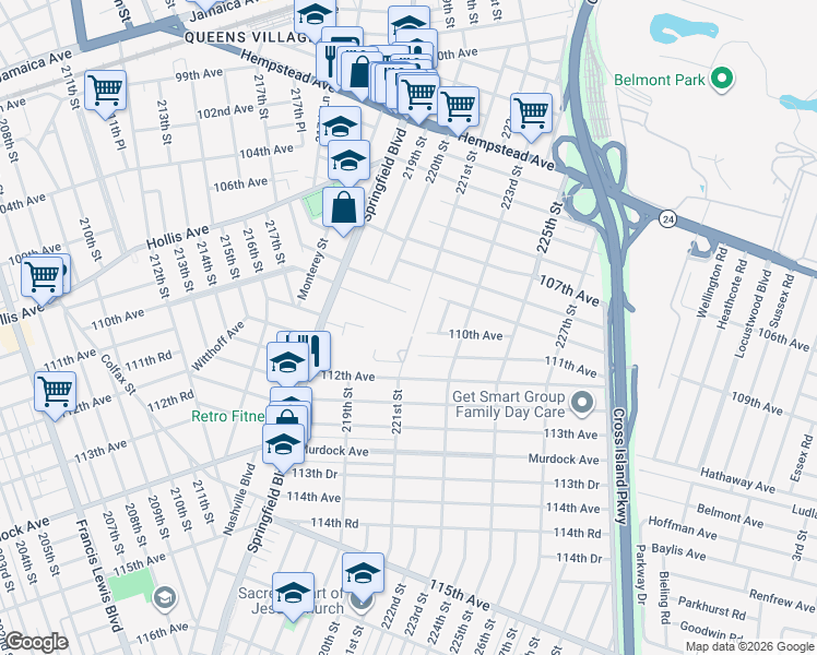 map of restaurants, bars, coffee shops, grocery stores, and more near 109-34 221st Street in Queens