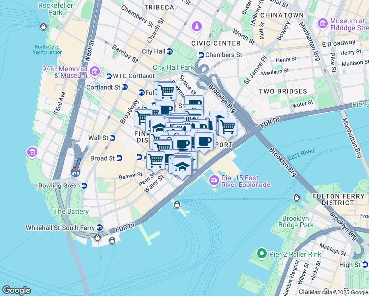 map of restaurants, bars, coffee shops, grocery stores, and more near 135 John Street in New York