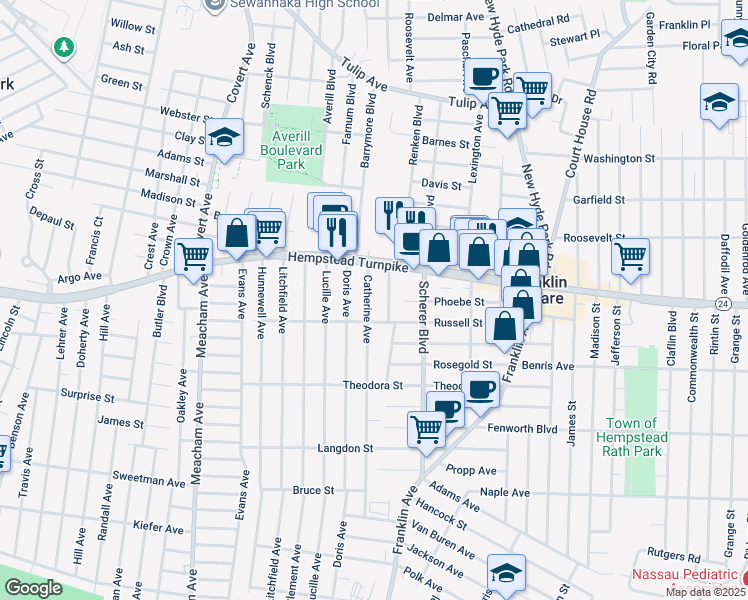 map of restaurants, bars, coffee shops, grocery stores, and more near 45 Catherine Avenue in Franklin Square