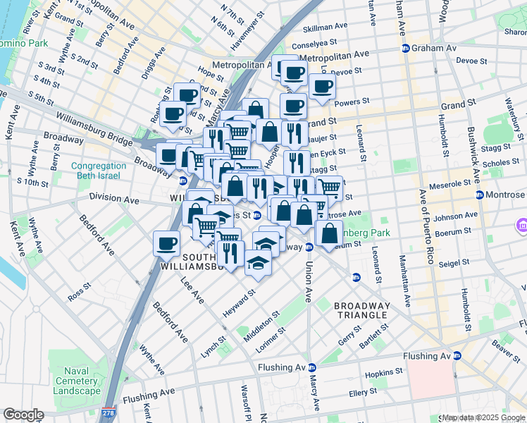 map of restaurants, bars, coffee shops, grocery stores, and more near 429 Broadway in Brooklyn