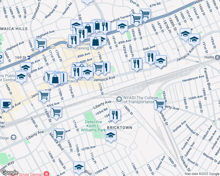 map of restaurants, bars, coffee shops, grocery stores, and more near 178-22 93rd Avenue in Queens