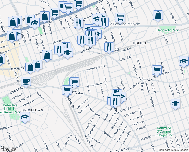 map of restaurants, bars, coffee shops, grocery stores, and more near 102-33 187th Street in Queens