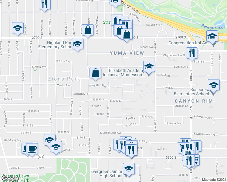 map of restaurants, bars, coffee shops, grocery stores, and more near 2948 Ida Circle in Salt Lake City