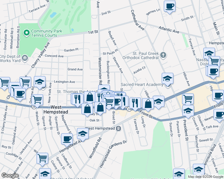map of restaurants, bars, coffee shops, grocery stores, and more near 66 Buckingham Road in West Hempstead