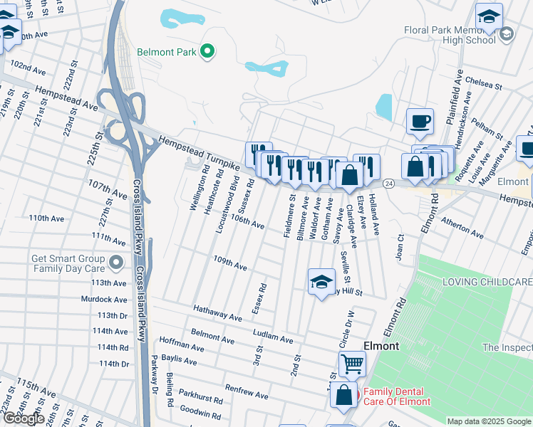 map of restaurants, bars, coffee shops, grocery stores, and more near 47 Sterling Road in Elmont