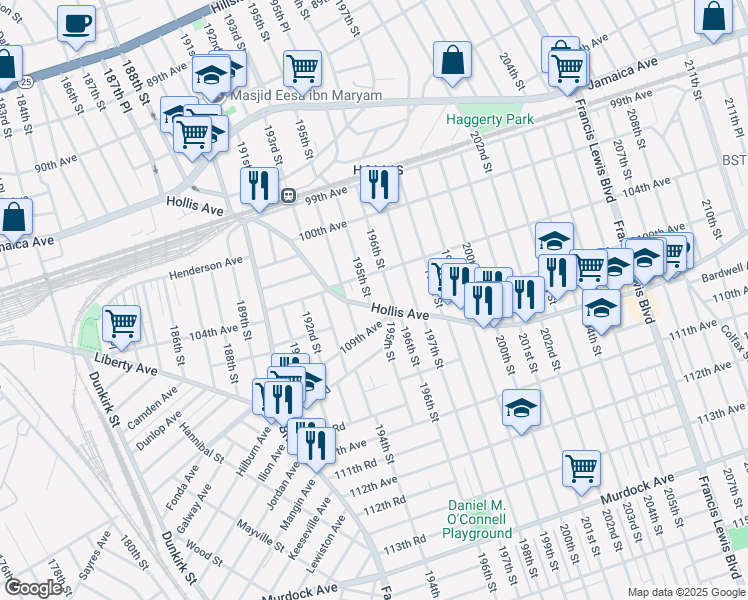 map of restaurants, bars, coffee shops, grocery stores, and more near 104-25 195th Street in Queens