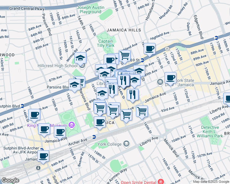 map of restaurants, bars, coffee shops, grocery stores, and more near 89-12 164th Street in Queens