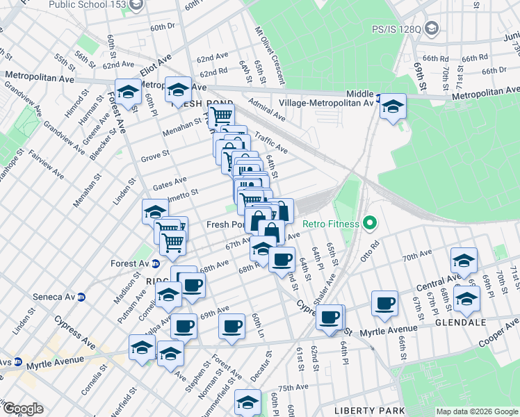 map of restaurants, bars, coffee shops, grocery stores, and more near 61-28 Madison Street in Queens