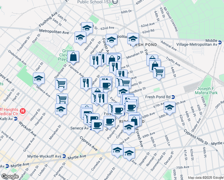 map of restaurants, bars, coffee shops, grocery stores, and more near 20-41 Gates Avenue in Queens