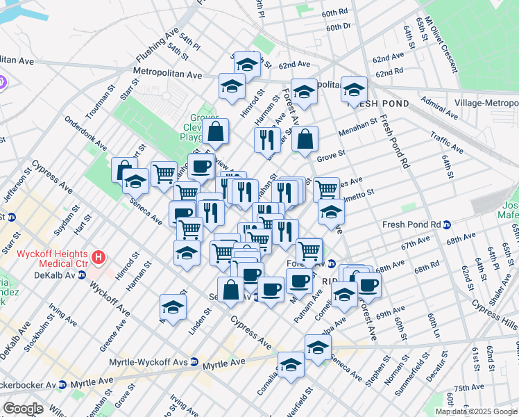 map of restaurants, bars, coffee shops, grocery stores, and more near 2 Saint Johns Road in Queens