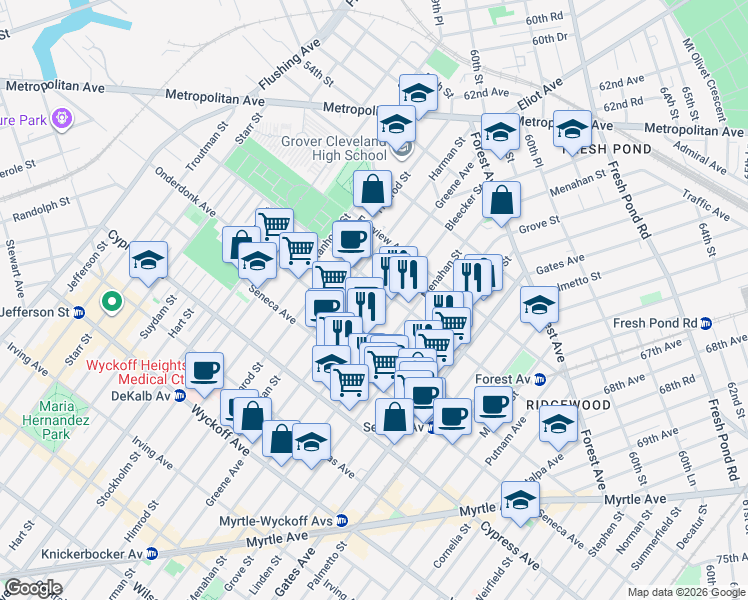 map of restaurants, bars, coffee shops, grocery stores, and more near 5-16 Woodward Avenue in Queens