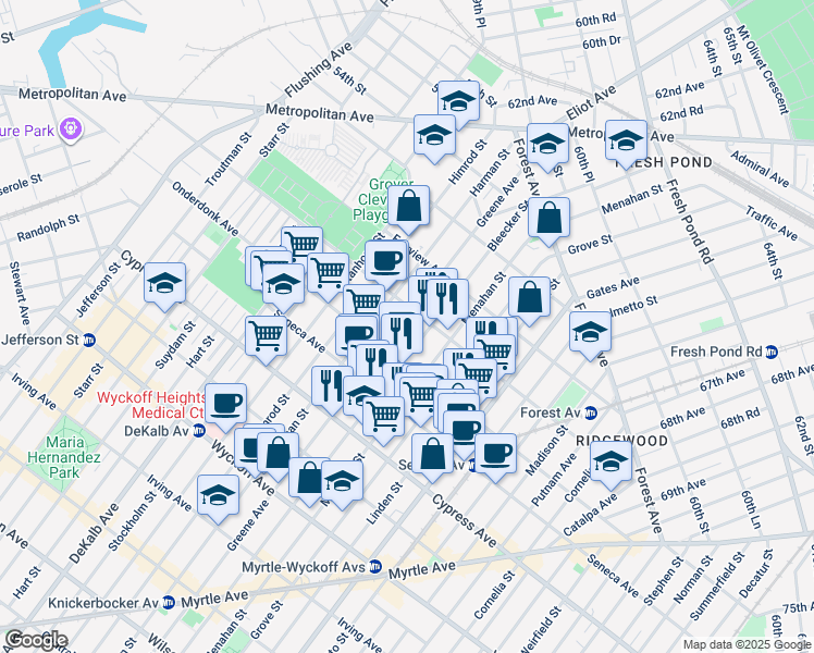 map of restaurants, bars, coffee shops, grocery stores, and more near 18-67 Greene Avenue in Queens