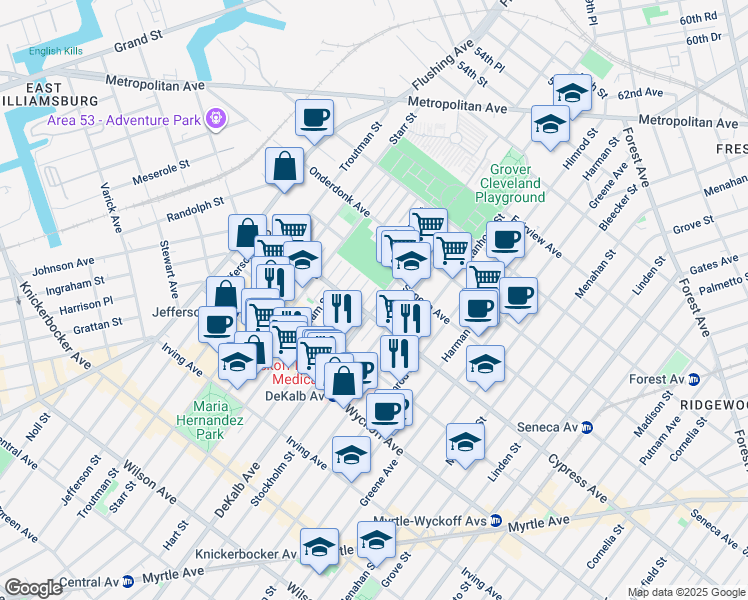 map of restaurants, bars, coffee shops, grocery stores, and more near 17-43 Dekalb Avenue in Queens