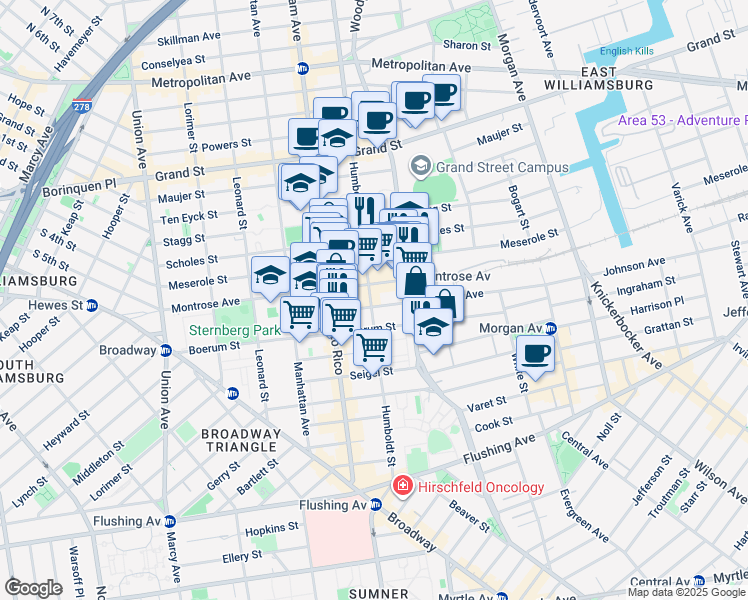 map of restaurants, bars, coffee shops, grocery stores, and more near 221 Johnson Avenue in Brooklyn