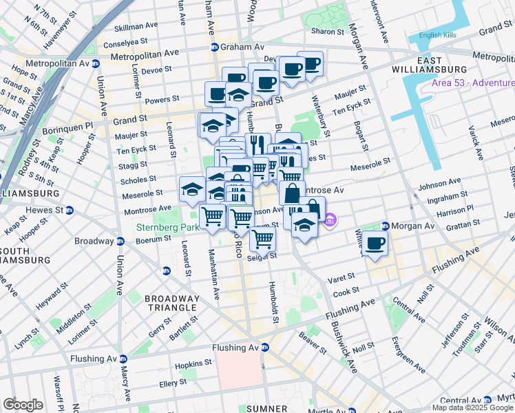 map of restaurants, bars, coffee shops, grocery stores, and more near 221 Johnson Avenue in Brooklyn