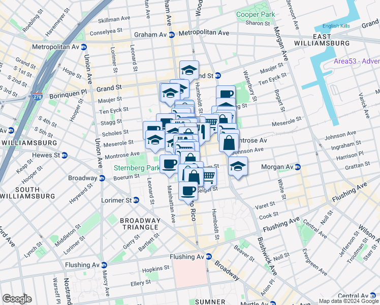 map of restaurants, bars, coffee shops, grocery stores, and more near 181 Montrose Avenue in Brooklyn