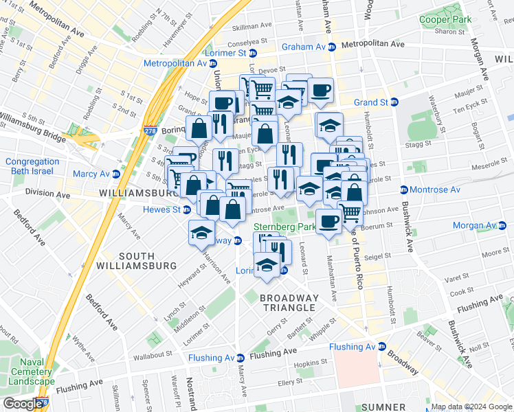 map of restaurants, bars, coffee shops, grocery stores, and more near in Brooklyn