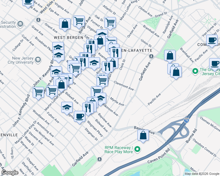 map of restaurants, bars, coffee shops, grocery stores, and more near 604 Ocean Avenue in Jersey City