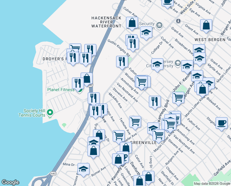 map of restaurants, bars, coffee shops, grocery stores, and more near 236 McAdoo Avenue in Jersey City