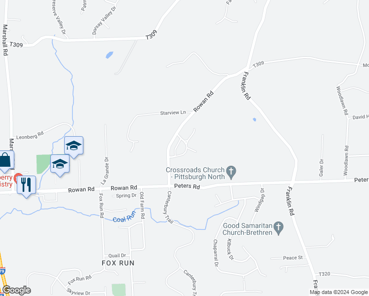 map of restaurants, bars, coffee shops, grocery stores, and more near 121 Lexington Drive in Cranberry Township