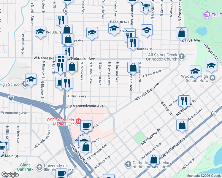 map of restaurants, bars, coffee shops, grocery stores, and more near 1616 North New York Avenue in Peoria