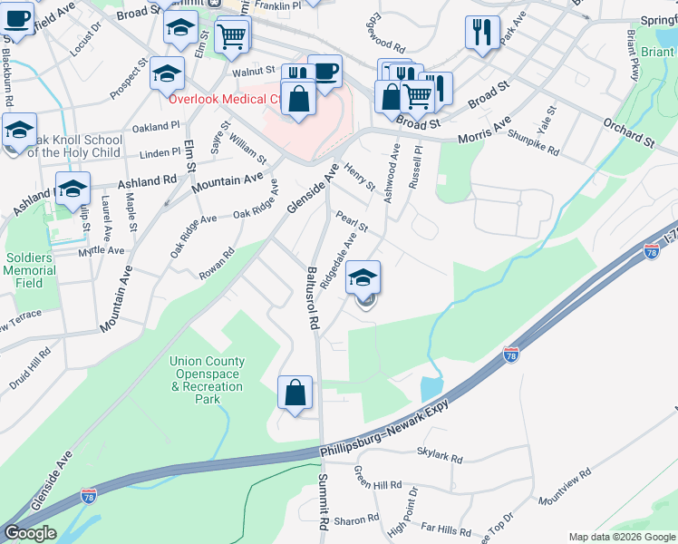 map of restaurants, bars, coffee shops, grocery stores, and more near 26 Ridgedale Avenue in Summit
