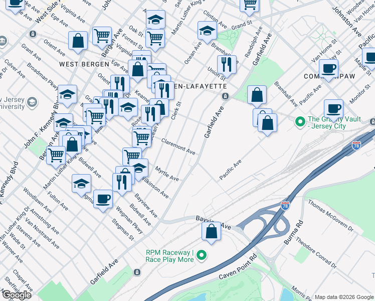 map of restaurants, bars, coffee shops, grocery stores, and more near Claremont Avenue & Randolph Avenue in Jersey City