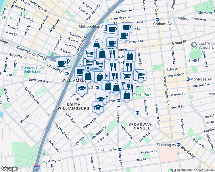 map of restaurants, bars, coffee shops, grocery stores, and more near 436 South 5th Street in Brooklyn