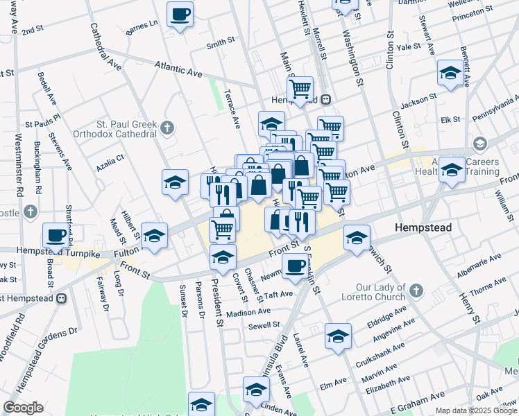 map of restaurants, bars, coffee shops, grocery stores, and more near 166 Fulton Avenue in Hempstead
