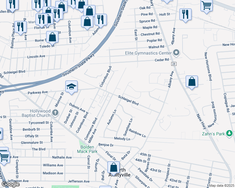 map of restaurants, bars, coffee shops, grocery stores, and more near 89 Schleigel Boulevard in Amityville