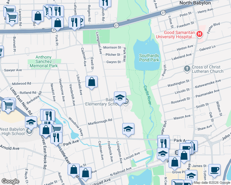 map of restaurants, bars, coffee shops, grocery stores, and more near 214 Ralph Avenue in Babylon