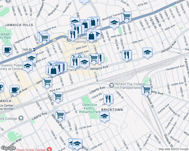 map of restaurants, bars, coffee shops, grocery stores, and more near 176-19 93rd Avenue in Queens