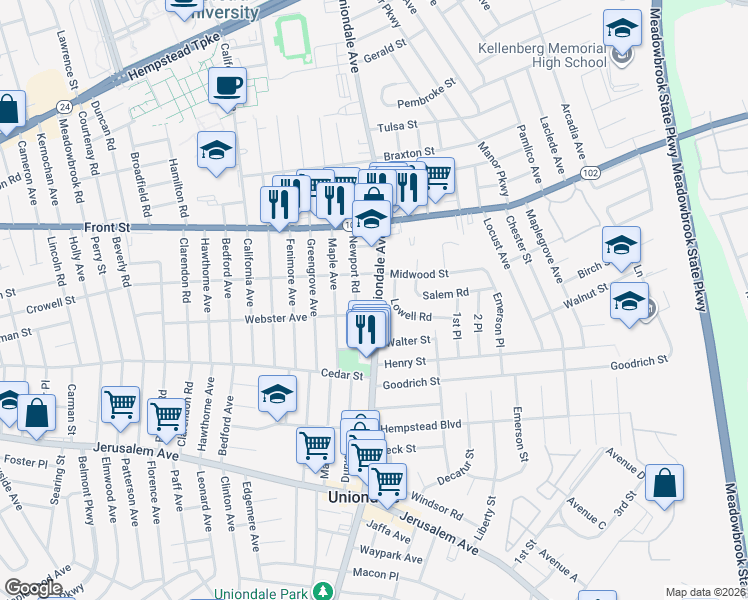 map of restaurants, bars, coffee shops, grocery stores, and more near 358 Uniondale Avenue in Uniondale