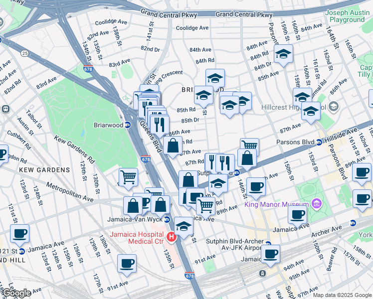 map of restaurants, bars, coffee shops, grocery stores, and more near 139-29 87th Avenue in Queens