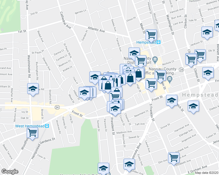 map of restaurants, bars, coffee shops, grocery stores, and more near 131 Fulton Avenue in Hempstead