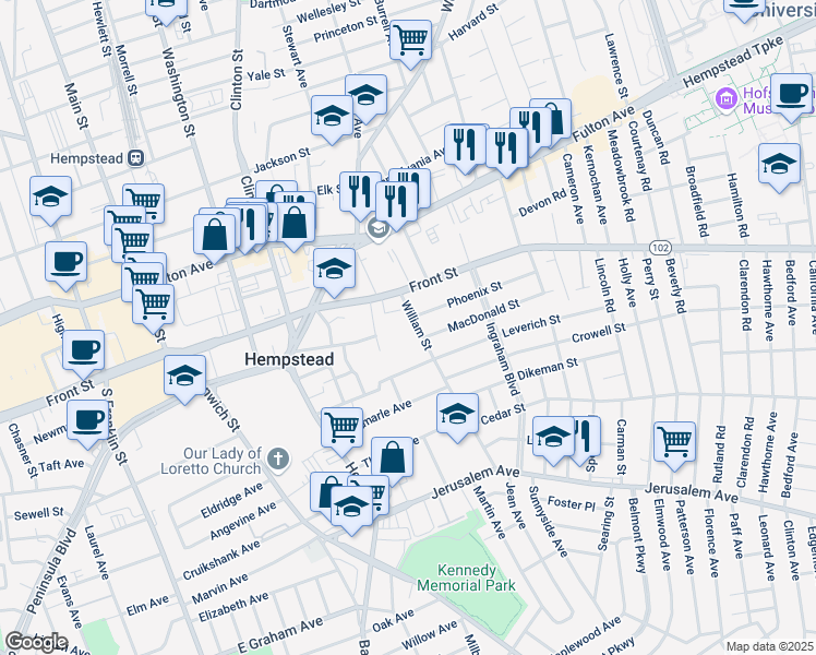 map of restaurants, bars, coffee shops, grocery stores, and more near 38 William Street in Hempstead