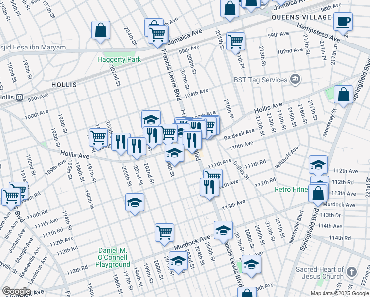 map of restaurants, bars, coffee shops, grocery stores, and more near 205-26 Hollis Avenue in Queens