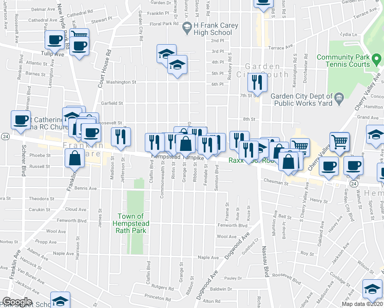 map of restaurants, bars, coffee shops, grocery stores, and more near 726 Hempstead Turnpike in Franklin Square