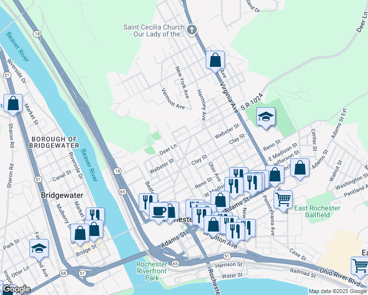 map of restaurants, bars, coffee shops, grocery stores, and more near 470 Harmony Avenue in Rochester