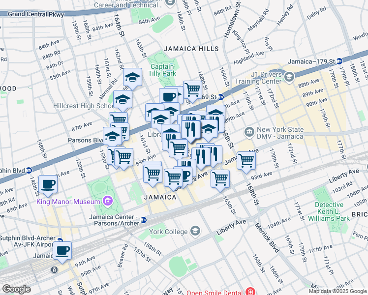 map of restaurants, bars, coffee shops, grocery stores, and more near 89-12 164th Street in Queens