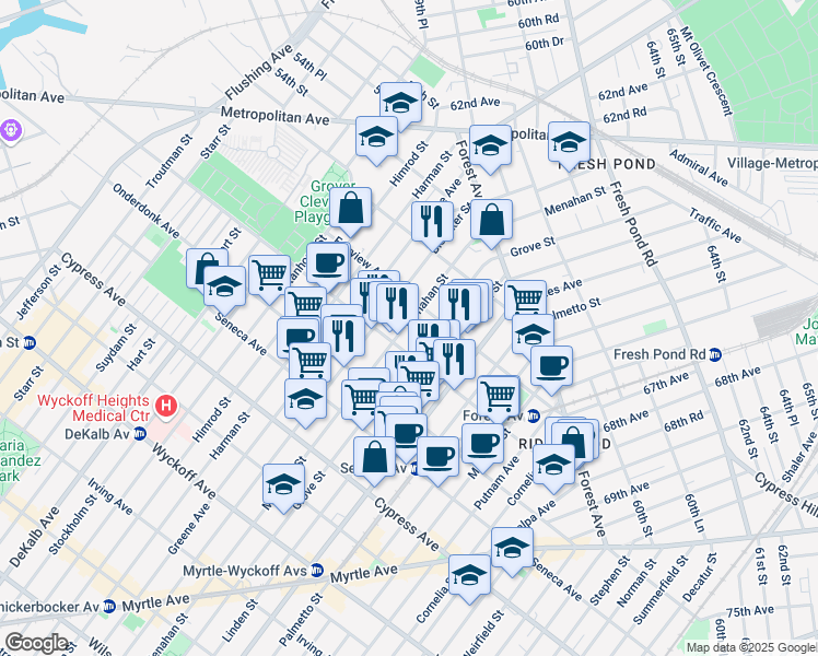 map of restaurants, bars, coffee shops, grocery stores, and more near 2 Saint Johns Road in Queens