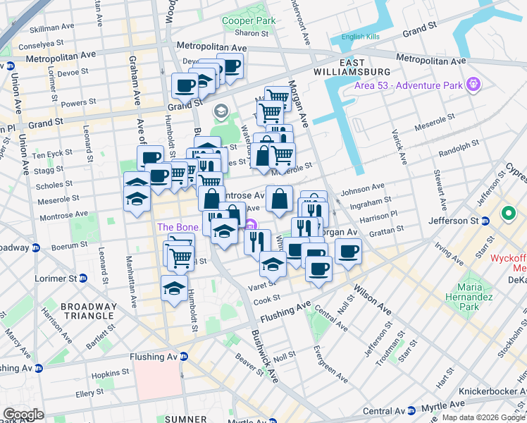 map of restaurants, bars, coffee shops, grocery stores, and more near 306 Johnson Avenue in Brooklyn
