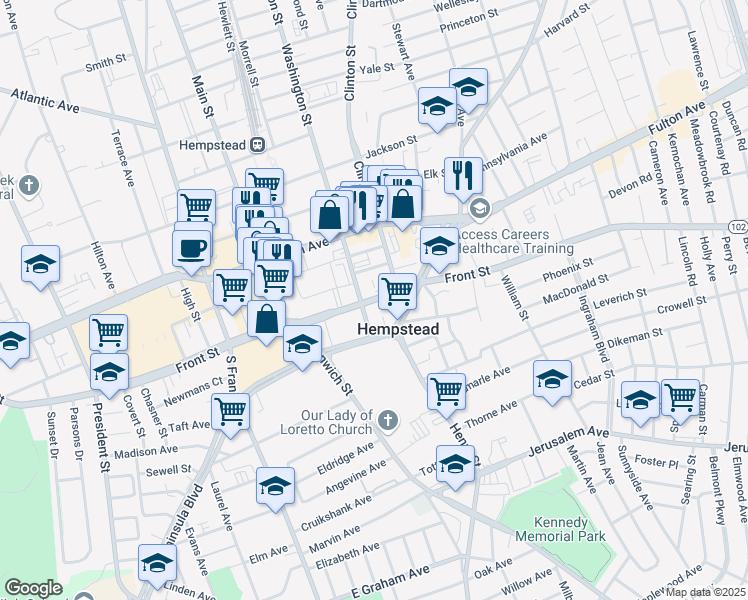 map of restaurants, bars, coffee shops, grocery stores, and more near 361 Front Street in Hempstead