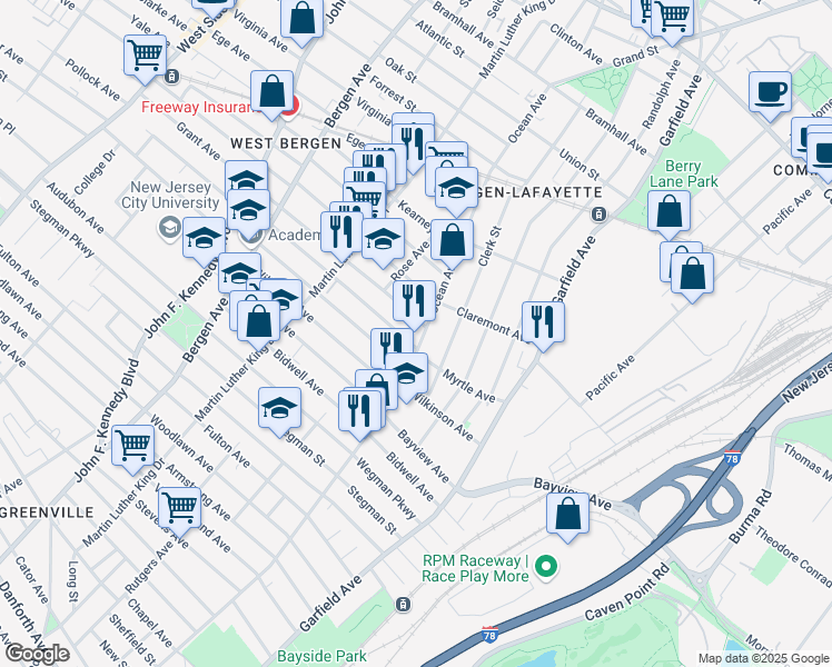 map of restaurants, bars, coffee shops, grocery stores, and more near 599 Ocean Avenue in Jersey City