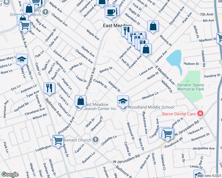 map of restaurants, bars, coffee shops, grocery stores, and more near 1582 Powers Avenue in East Meadow